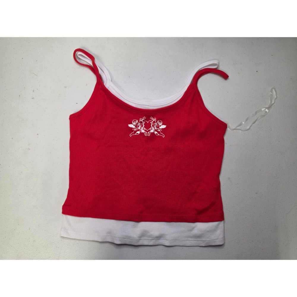 No Boundaries Red White Layered Cherub Graphic Ribbed Cami Tank Top L 12-14
